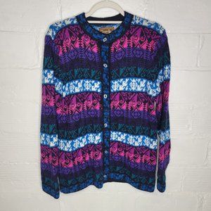 The Alpaca Connection Women's Medium Cardigan Sweater Blue Pink Purple Fair Isle